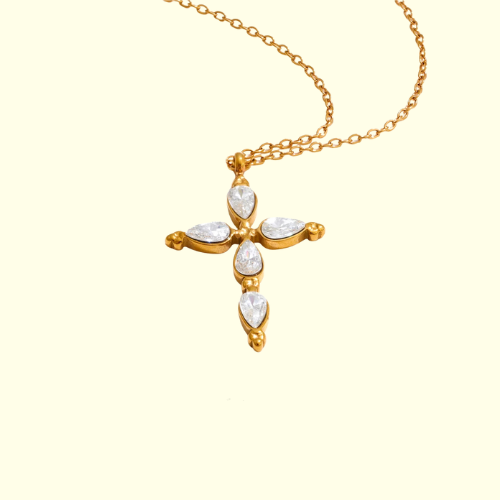 Yhpup Delicate Shiny Cubic Zirconia Cross Necklace Pendant Stainless Steel Temperament Premium Jewelry High Quality
