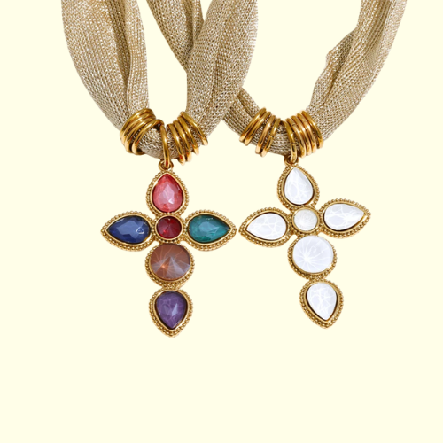 Catalina Cross & Golden Textile Necklace