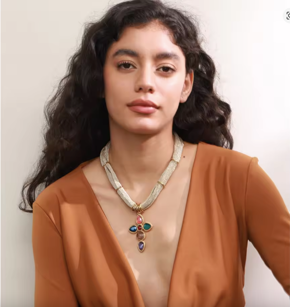 Catalina Cross & Golden Textile Necklace