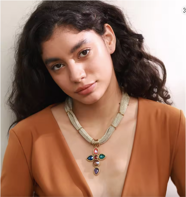 Catalina Cross & Golden Textile Necklace