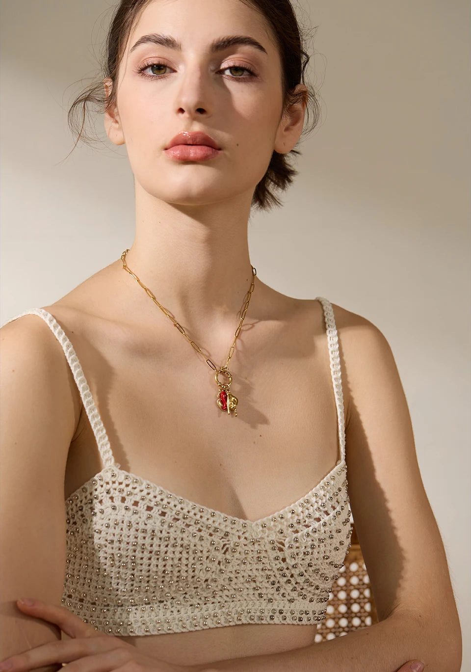 Yhpup Creative 316l Stainless Steel Palm Red Chili Heart Charms Pendant Necklace Personalized Jewelry Attractive Women Accessory