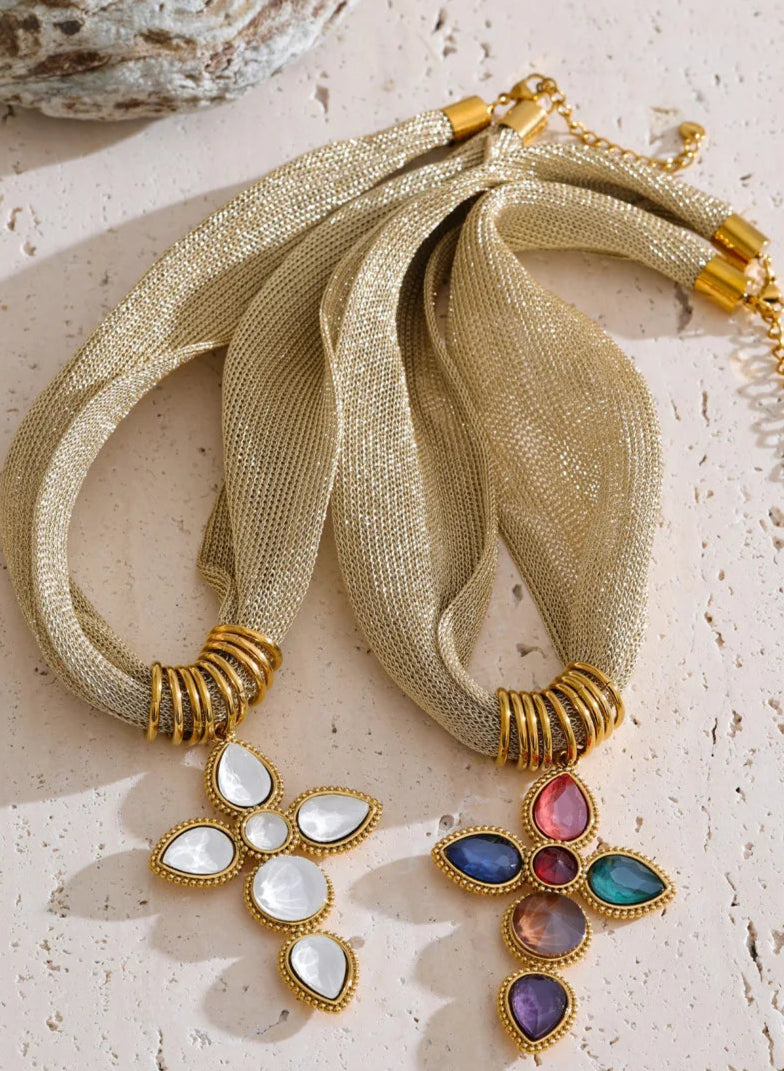 Catalina Cross & Golden Textile Necklace