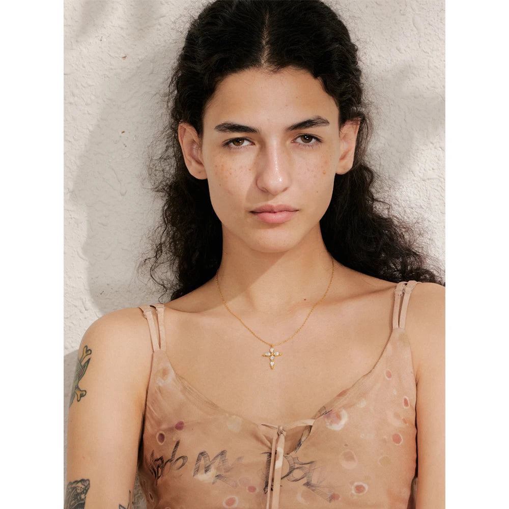 Yhpup Delicate Shiny Cubic Zirconia Cross Necklace Pendant Stainless Steel Temperament Premium Jewelry High Quality