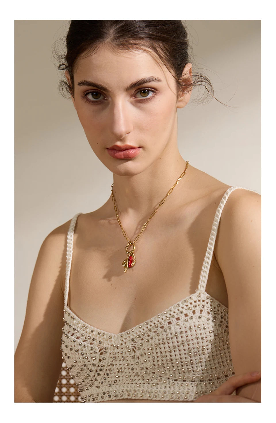 Yhpup Creative 316l Stainless Steel Palm Red Chili Heart Charms Pendant Necklace Personalized Jewelry Attractive Women Accessory