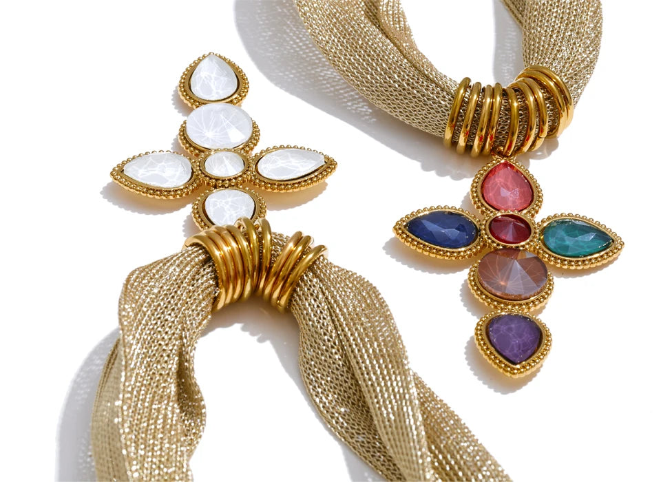 Catalina Cross & Golden Textile Necklace