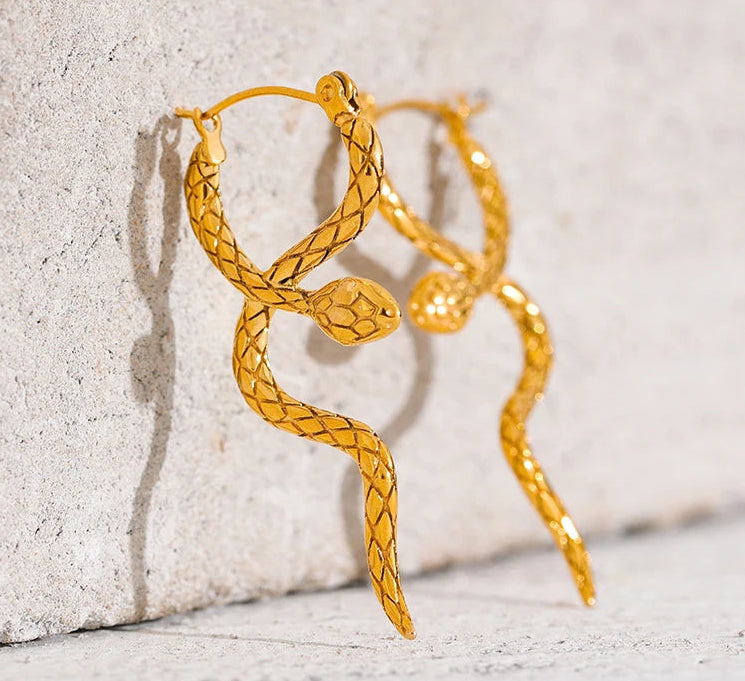 Yhpup Stylish Unique Stainless Steel Snake Unusual Hoop Earrings Statement Pvd Gold Color Texture Waterproof Charm Jewelry Women