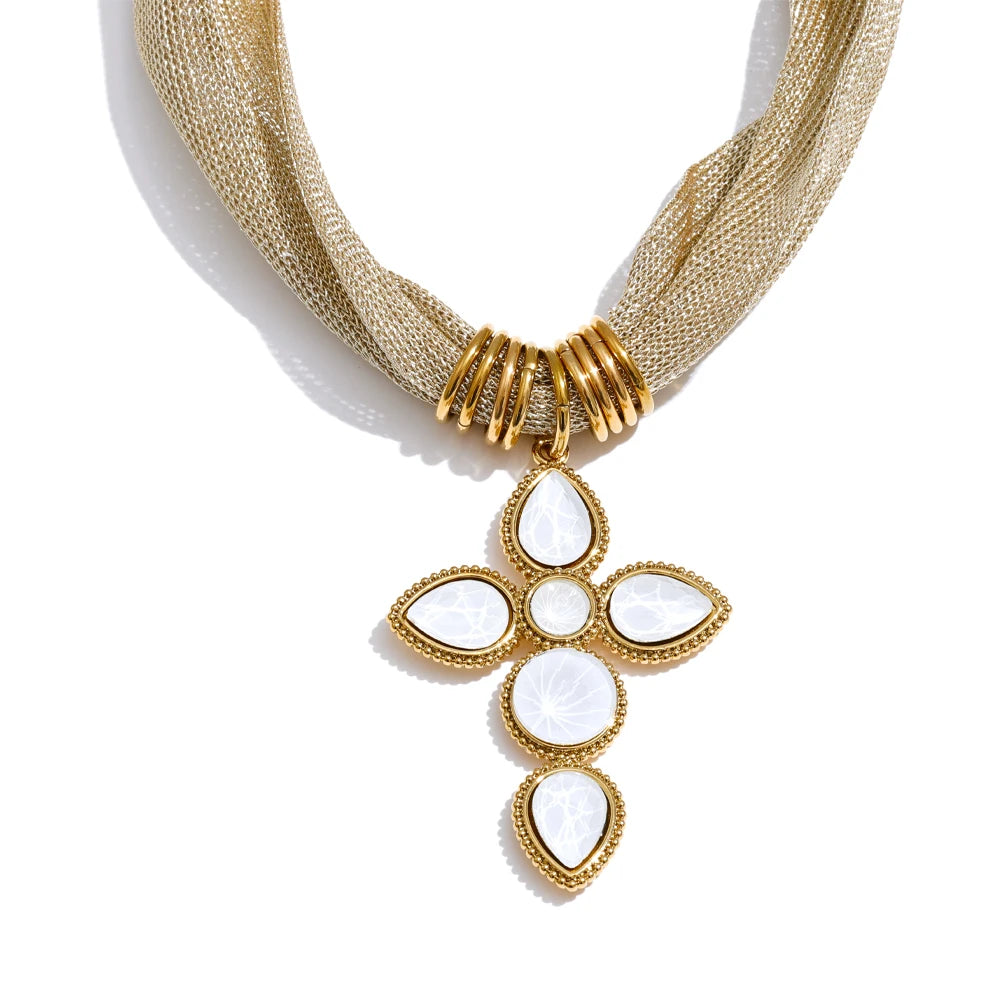 Catalina Cross & Golden Textile Necklace