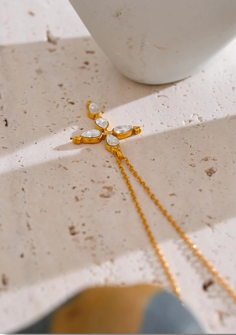 Yhpup Delicate Shiny Cubic Zirconia Cross Necklace Pendant Stainless Steel Temperament Premium Jewelry High Quality