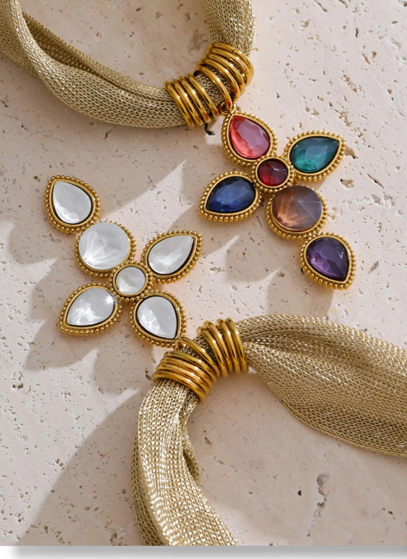 Catalina Cross & Golden Textile Necklace