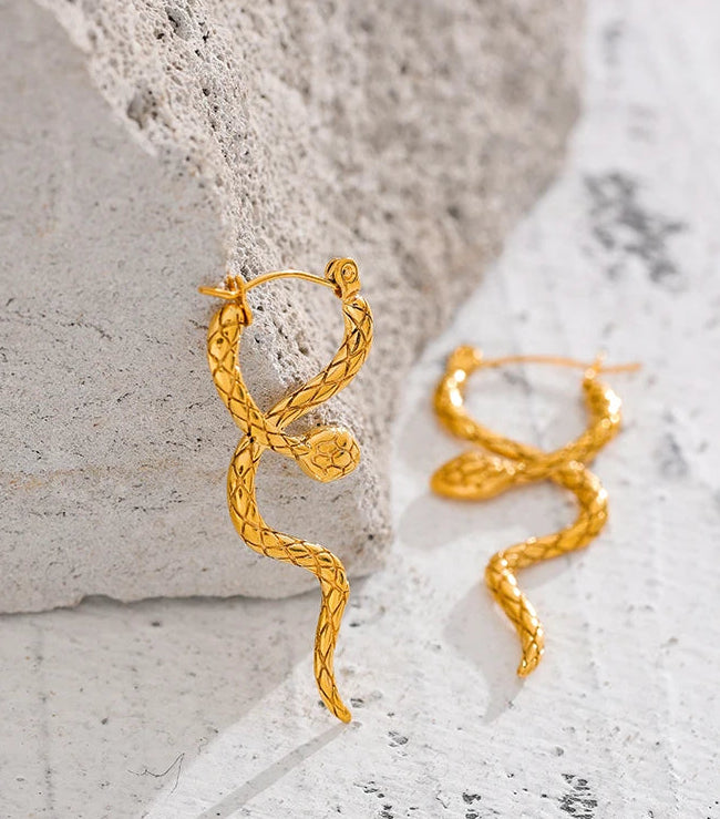 Yhpup Stylish Unique Stainless Steel Snake Unusual Hoop Earrings Statement Pvd Gold Color Texture Waterproof Charm Jewelry Women