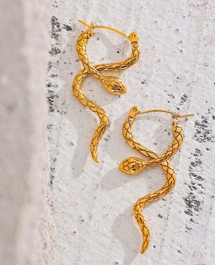 Yhpup Stylish Unique Stainless Steel Snake Unusual Hoop Earrings Statement Pvd Gold Color Texture Waterproof Charm Jewelry Women