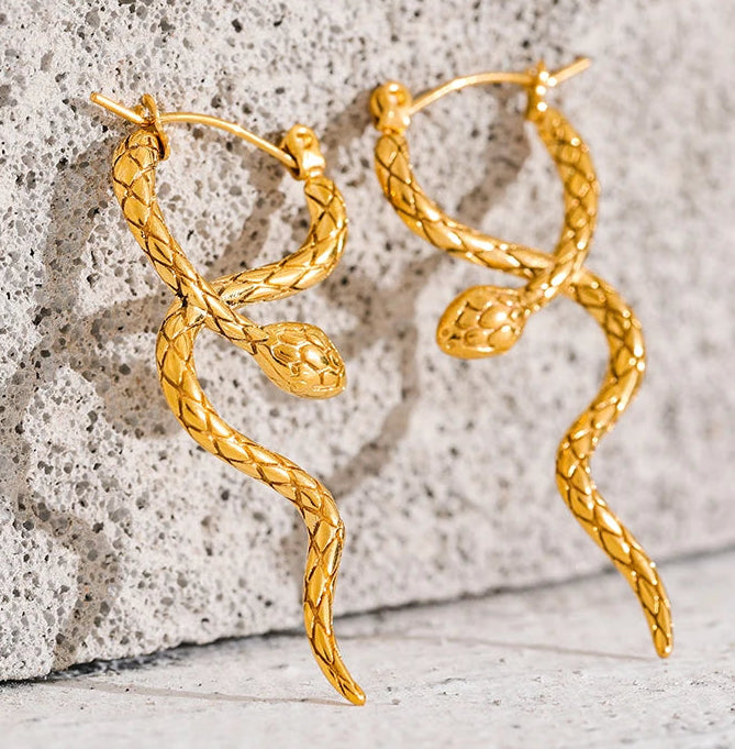 Yhpup Stylish Unique Stainless Steel Snake Unusual Hoop Earrings Statement Pvd Gold Color Texture Waterproof Charm Jewelry Women