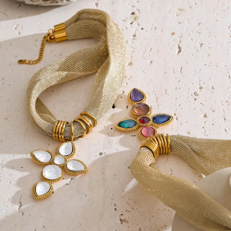Catalina Cross & Golden Textile Necklace
