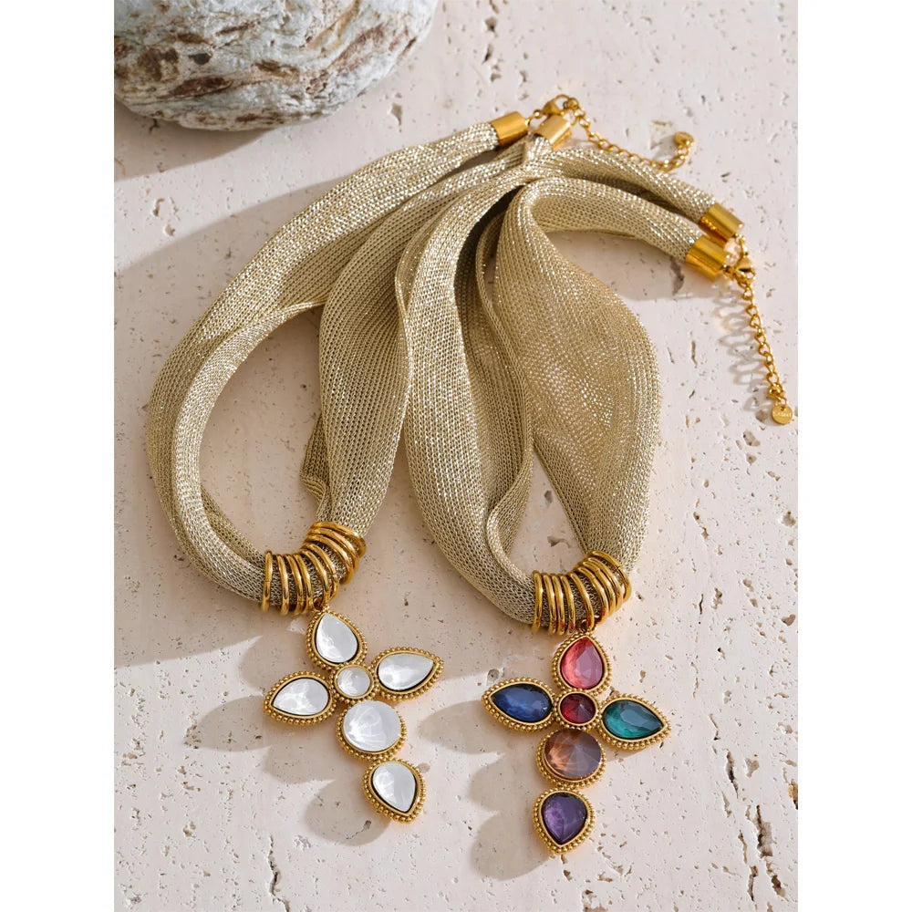 Catalina Cross & Golden Textile Necklace
