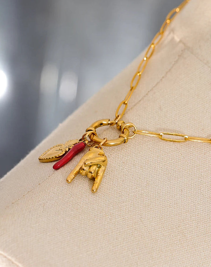 Yhpup Creative 316l Stainless Steel Palm Red Chili Heart Charms Pendant Necklace Personalized Jewelry Attractive Women Accessory