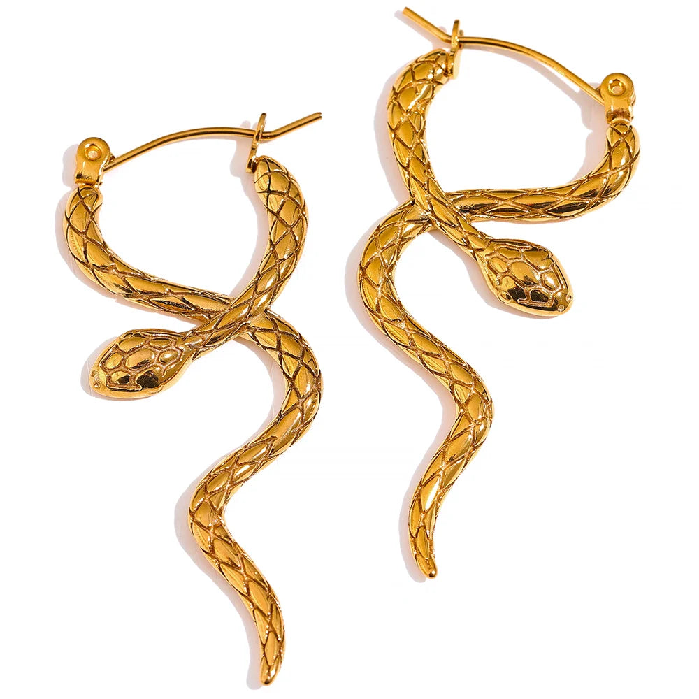 Yhpup Stylish Unique Stainless Steel Snake Unusual Hoop Earrings Statement Pvd Gold Color Texture Waterproof Charm Jewelry Women