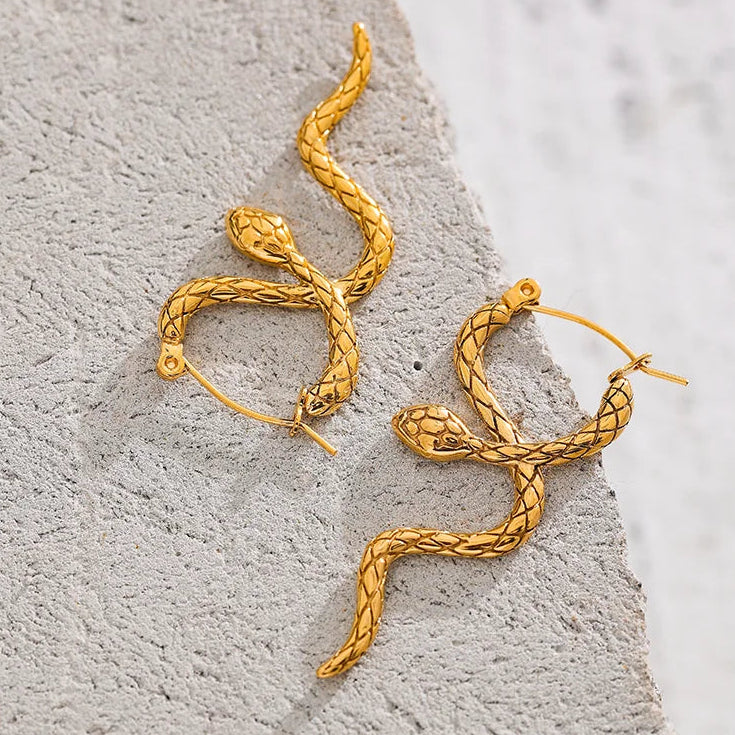 Yhpup Stylish Unique Stainless Steel Snake Unusual Hoop Earrings Statement Pvd Gold Color Texture Waterproof Charm Jewelry Women