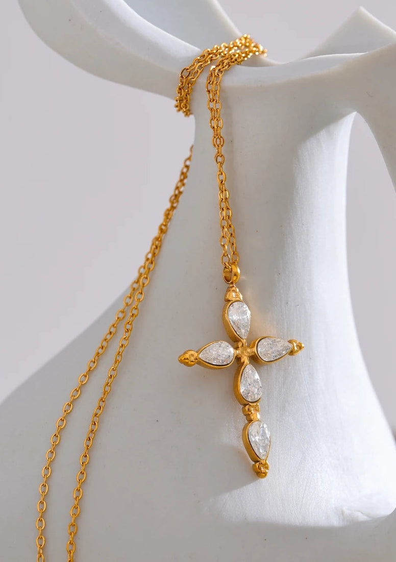 Yhpup Delicate Shiny Cubic Zirconia Cross Necklace Pendant Stainless Steel Temperament Premium Jewelry High Quality