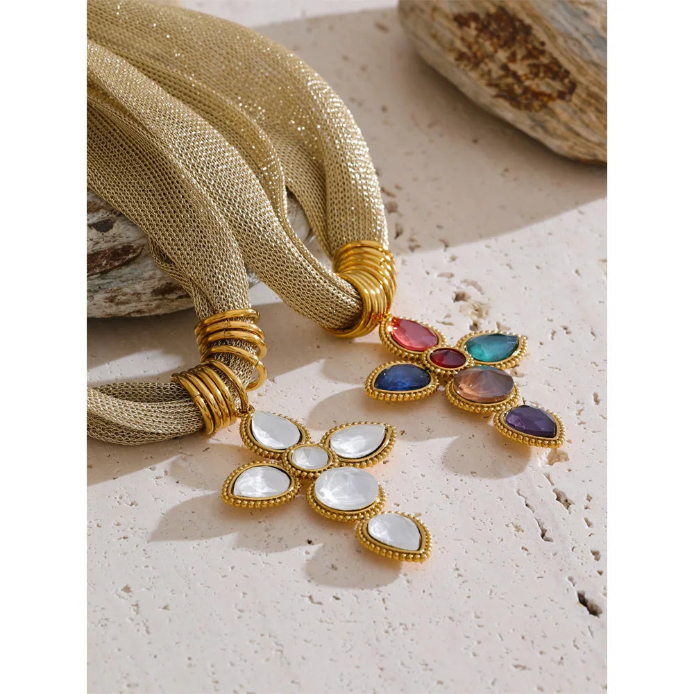 Catalina Cross & Golden Textile Necklace
