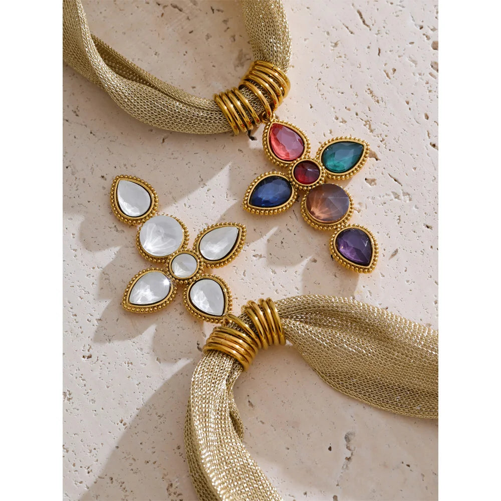 Catalina Cross & Golden Textile Necklace