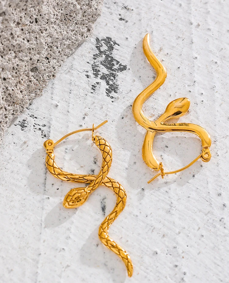 Yhpup Stylish Unique Stainless Steel Snake Unusual Hoop Earrings Statement Pvd Gold Color Texture Waterproof Charm Jewelry Women