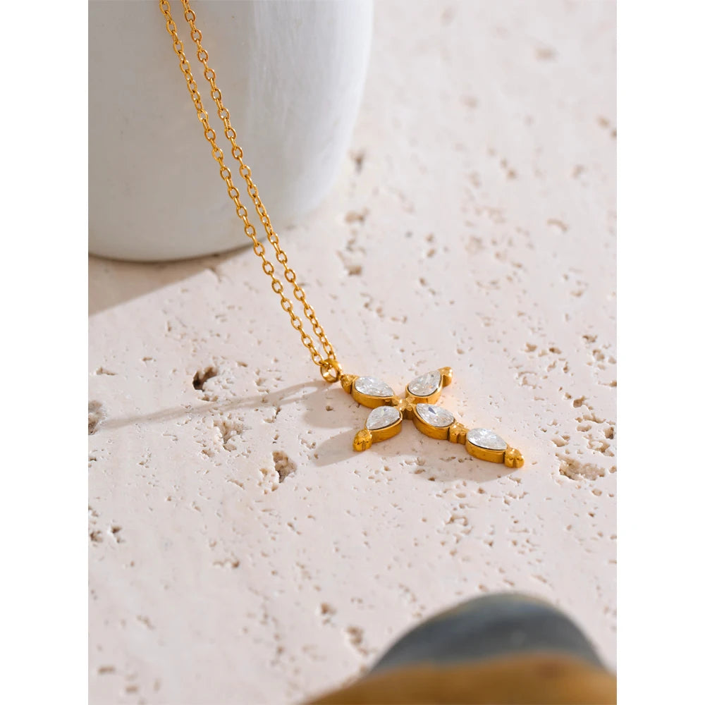 Yhpup Delicate Shiny Cubic Zirconia Cross Necklace Pendant Stainless Steel Temperament Premium Jewelry High Quality