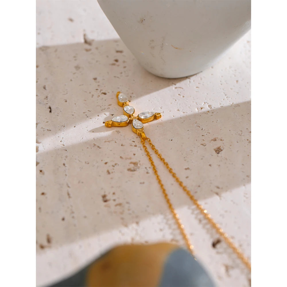 Yhpup Delicate Shiny Cubic Zirconia Cross Necklace Pendant Stainless Steel Temperament Premium Jewelry High Quality