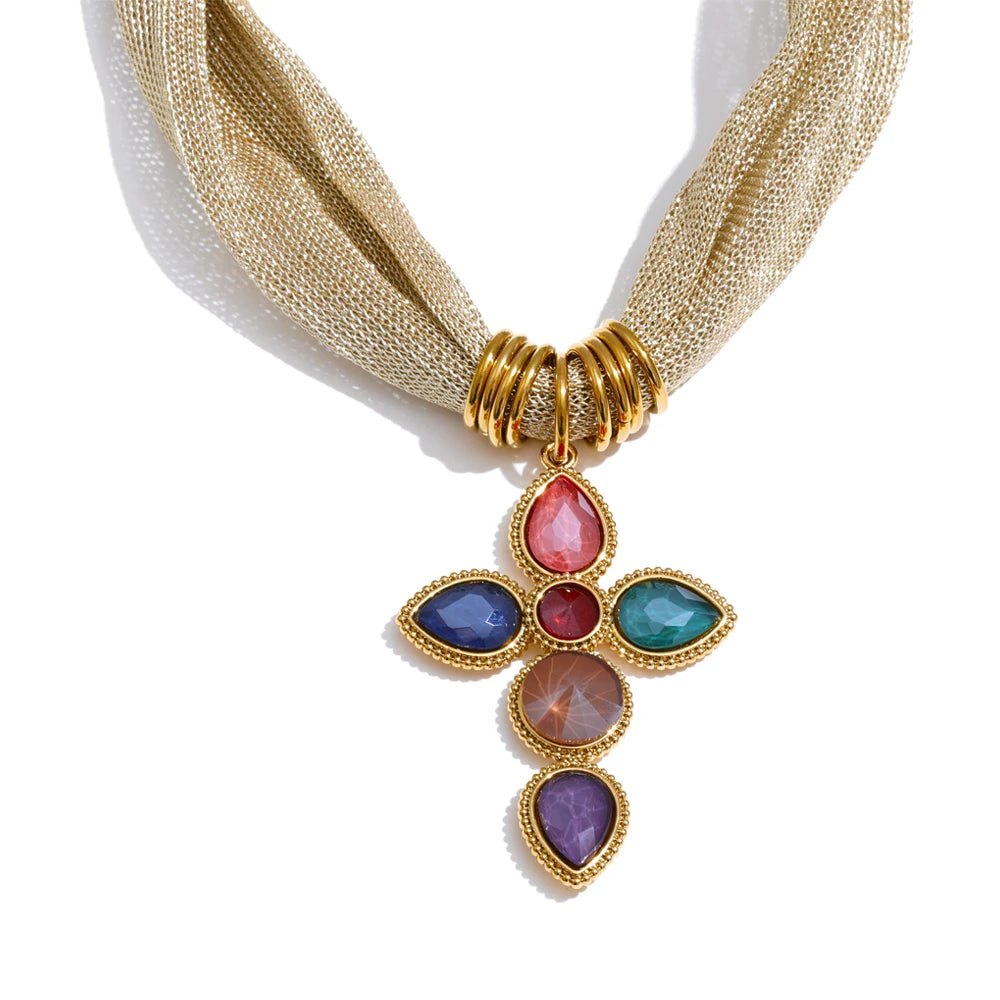 Catalina Cross & Golden Textile Necklace