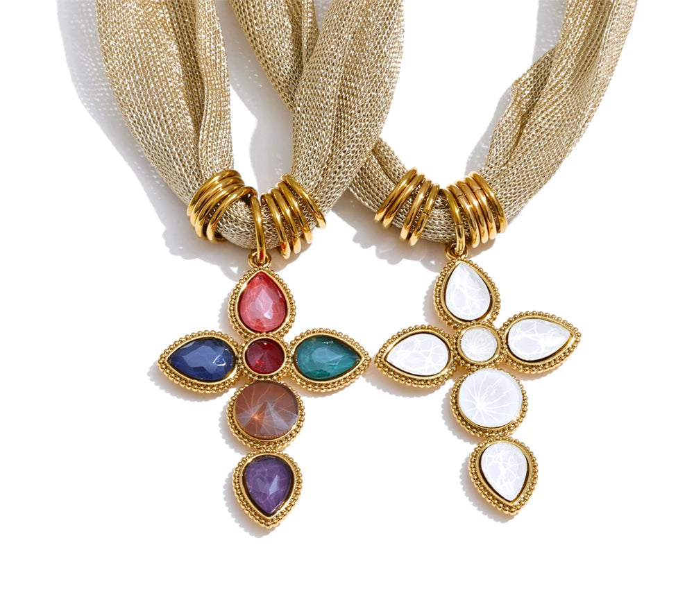 Catalina Cross & Golden Textile Necklace