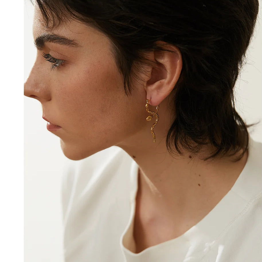 Yhpup Stylish Unique Stainless Steel Snake Unusual Hoop Earrings Statement Pvd Gold Color Texture Waterproof Charm Jewelry Women