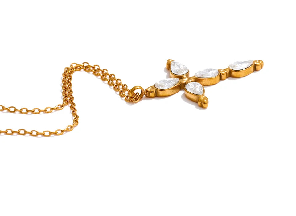 Yhpup Delicate Shiny Cubic Zirconia Cross Necklace Pendant Stainless Steel Temperament Premium Jewelry High Quality