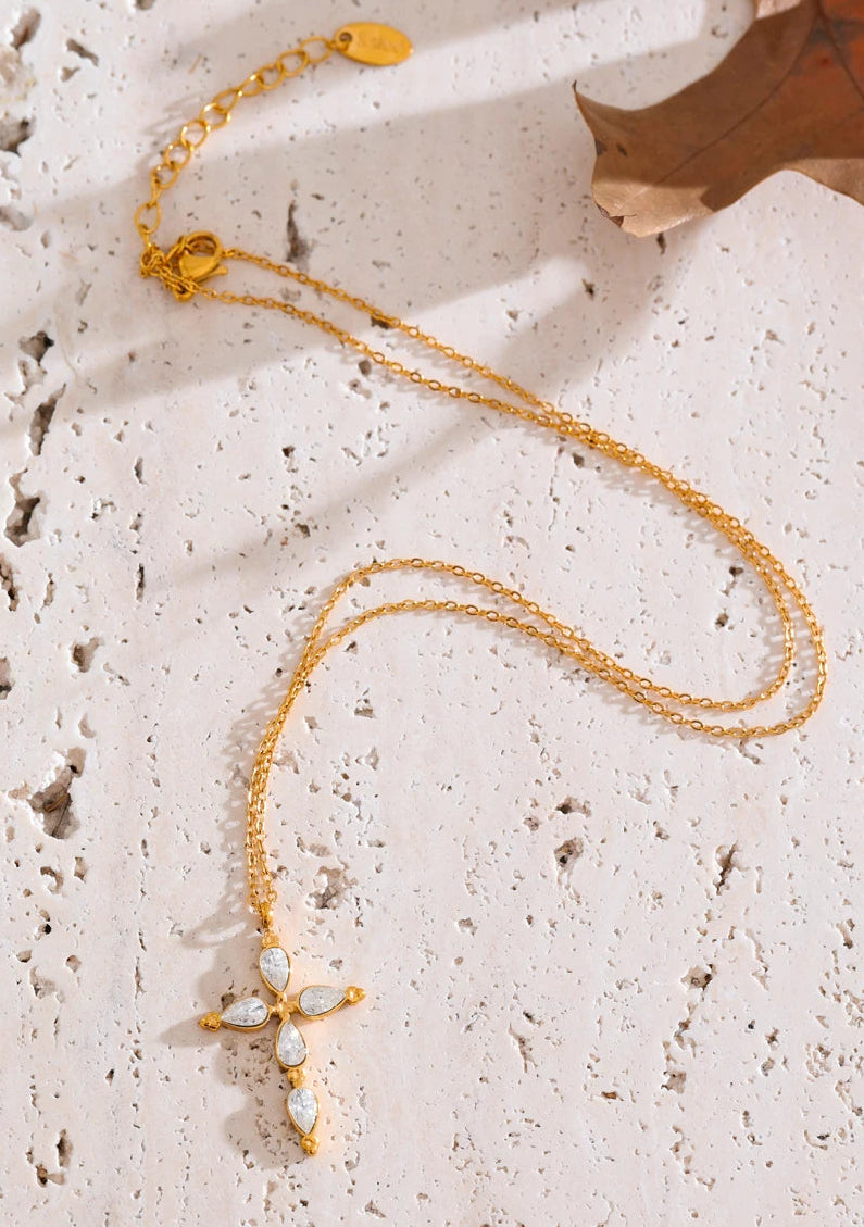 Yhpup Delicate Shiny Cubic Zirconia Cross Necklace Pendant Stainless Steel Temperament Premium Jewelry High Quality