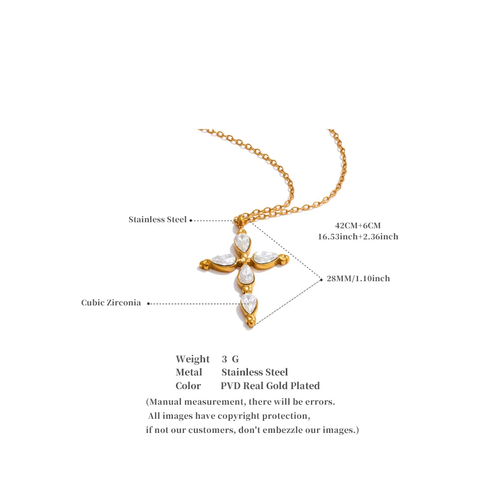 Yhpup Delicate Shiny Cubic Zirconia Cross Necklace Pendant Stainless Steel Temperament Premium Jewelry High Quality