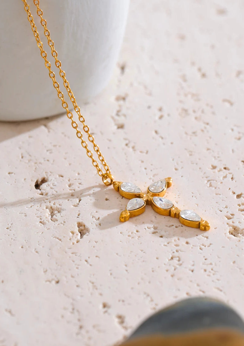 Yhpup Delicate Shiny Cubic Zirconia Cross Necklace Pendant Stainless Steel Temperament Premium Jewelry High Quality