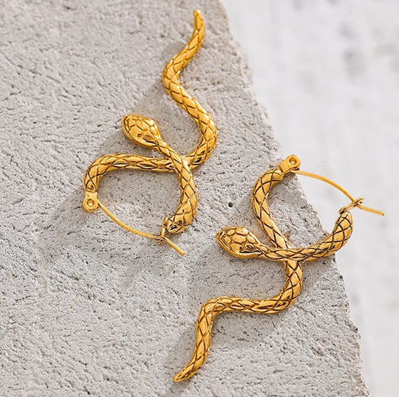 Yhpup Stylish Unique Stainless Steel Snake Unusual Hoop Earrings Statement Pvd Gold Color Texture Waterproof Charm Jewelry Women