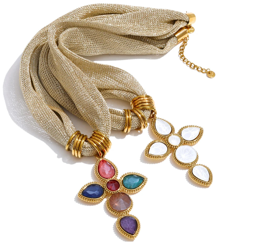 Catalina Cross & Golden Textile Necklace